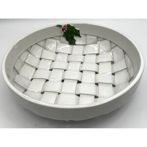 White Ceramic Woven Basketweave Bowl with Holly Christmas Italy Basket Vintage
